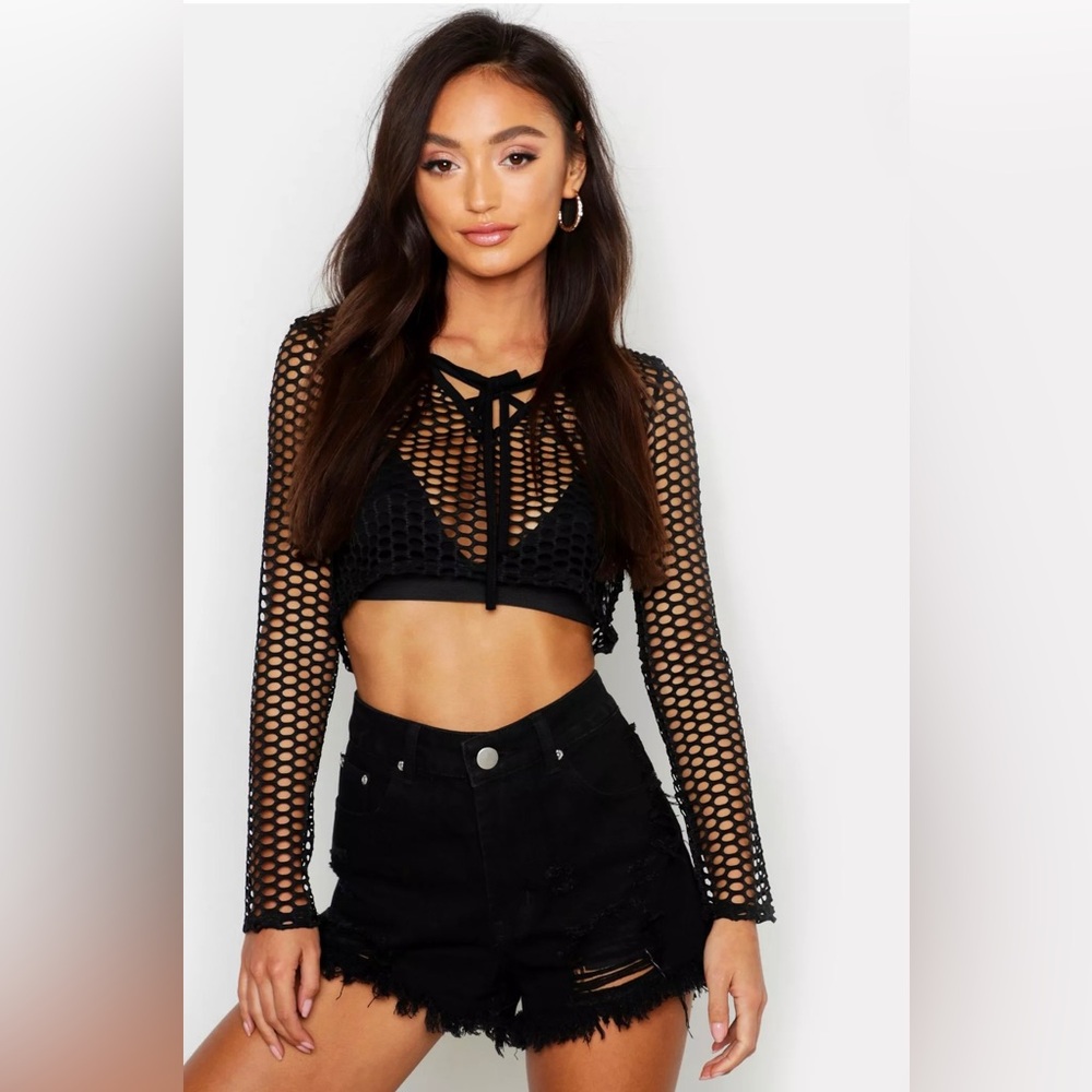 NWT Boohoo Petite Open Mesh Tie Detail Crop Top Black